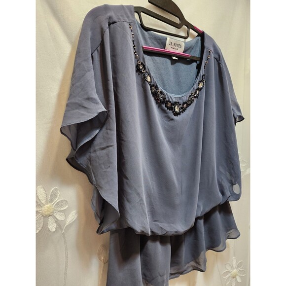 J.R. Nites By Carol Lin Womens 14 Gray Blouson Bead Embellished Flowy Romantic - Picture 2 of 16